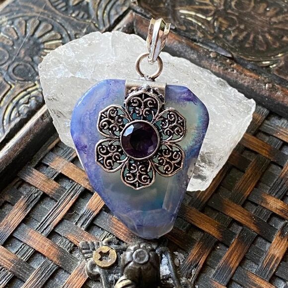 Solar Quartz, Amethyst sterling pendant - Picture 1 of 7